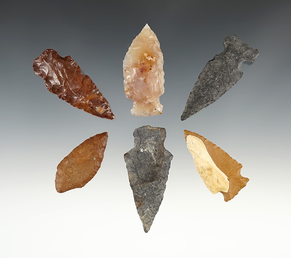 Set of 6 well patinated assorted points found in Umatilla, Oregon. The largest is 2 3/8".