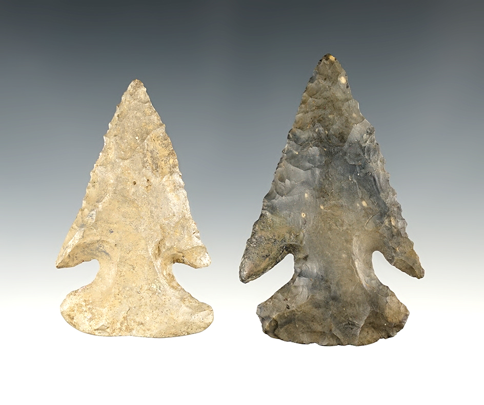 Pair of Ohio Thebes points with restored ears. The largest is 2 7/8".