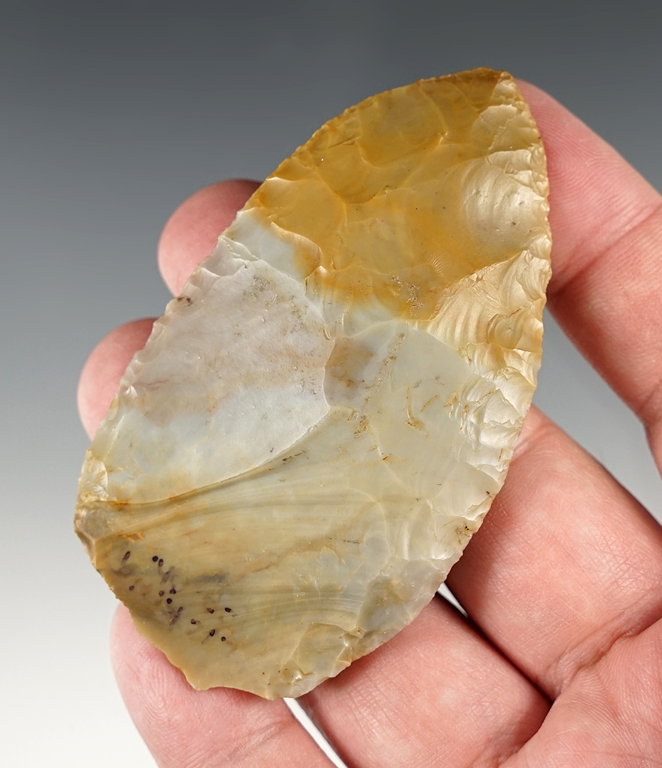 3 3/16" Multi-colored Jewel Flint Ridge Paleo Uniface Blade of gold, blue and purple. Licking Co., O