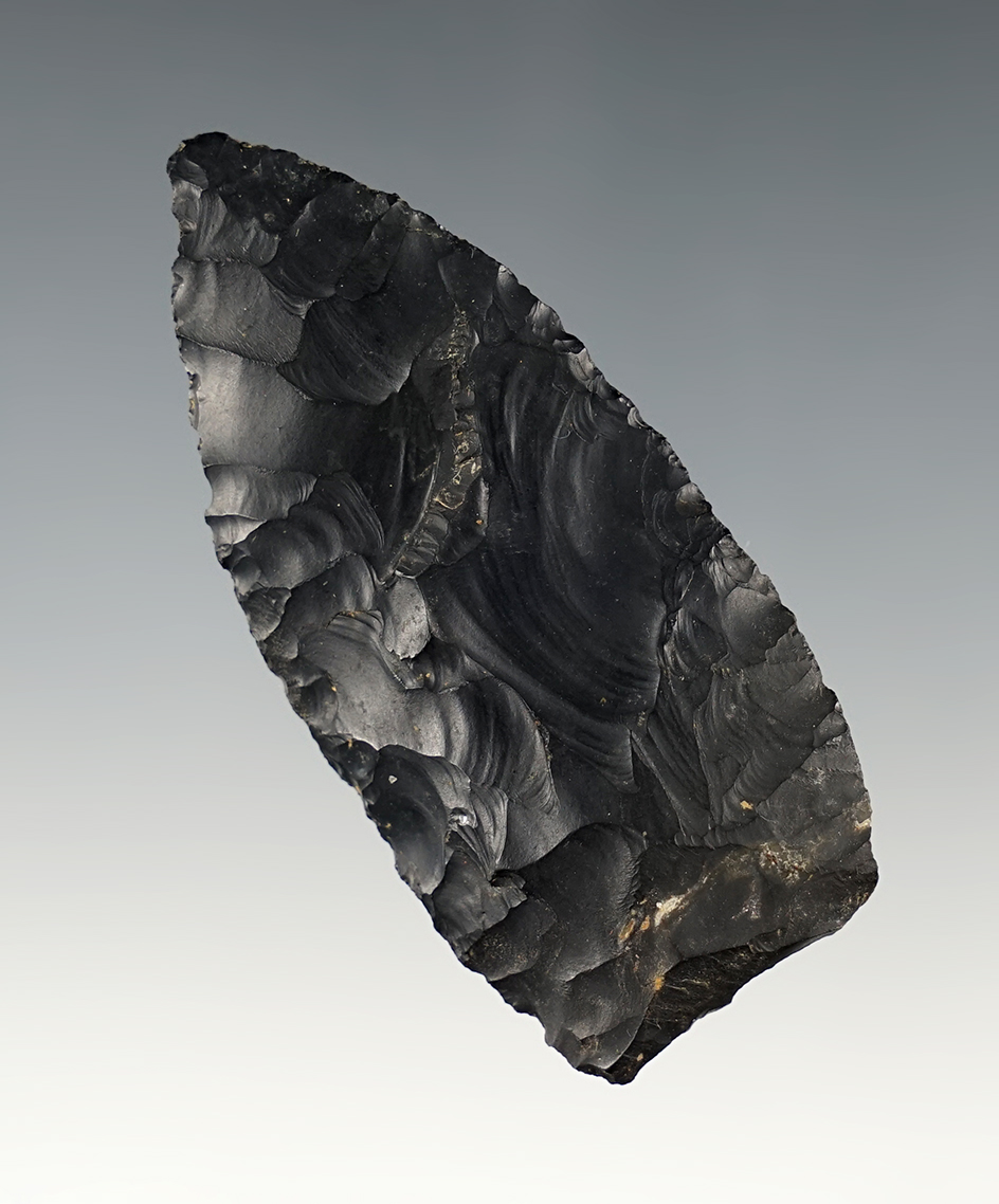 2 3/4" Paleo Knife made from black Zaleski Flint. Found in Hocking Co., Ohio. Ex. Jack Hooks.