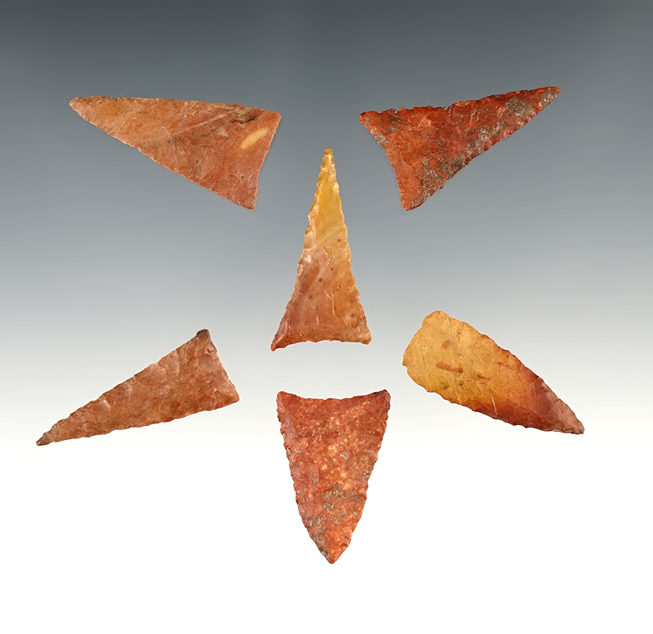 Set of 6 very colorful Triangle points found in Tennessee. The largest is 1 3/8".
