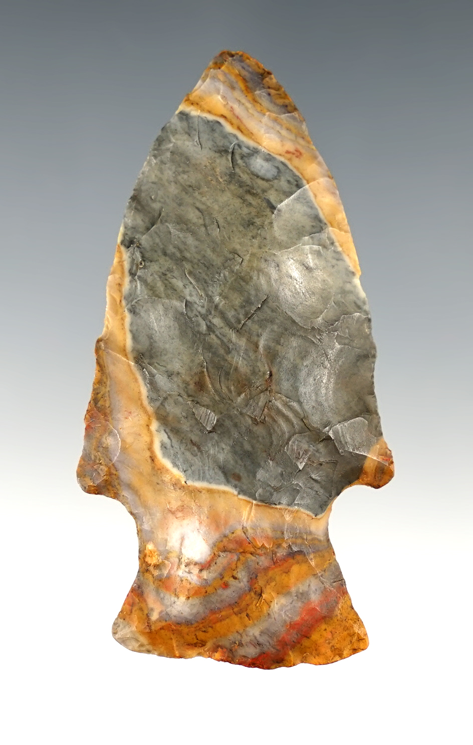 Amazing color in this 2 9/16" Hopewell point found in 1989 in Nelsonville, Athens Co., Ohio.