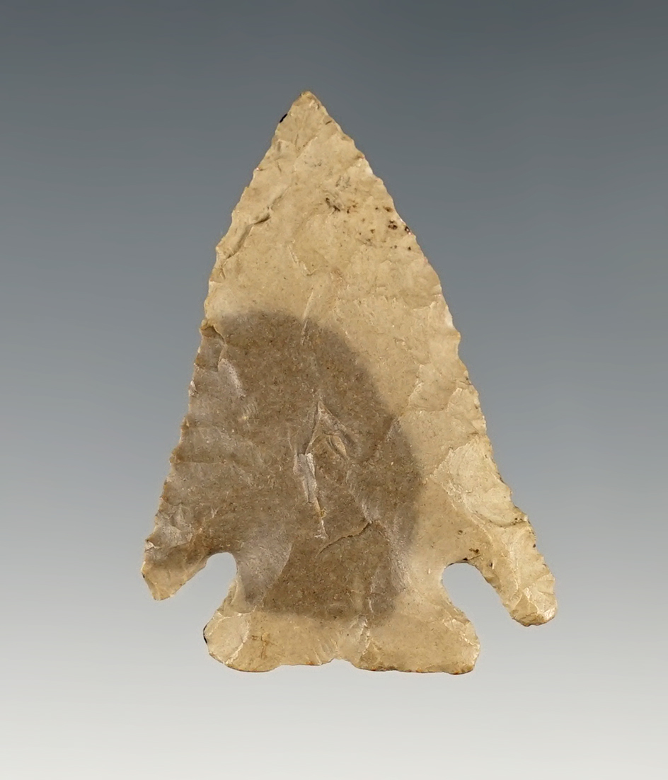 1 1/2" Two-tone Delaware Chert Cornernotch Point found in Ohio.