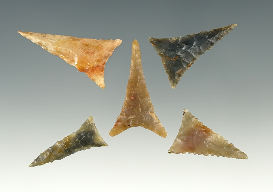 Set of 5 finely made Triangle points found in Tennessee. The largest 1 5/16".