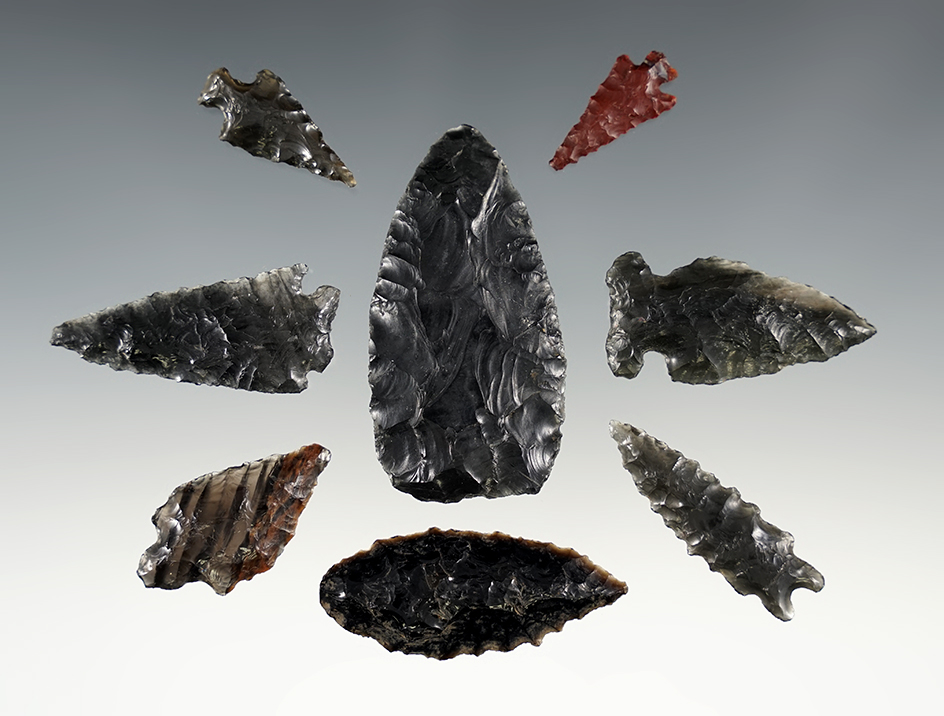 Set of 8 nice Oregon points made from Obsidian. The largest is 2 1/4".