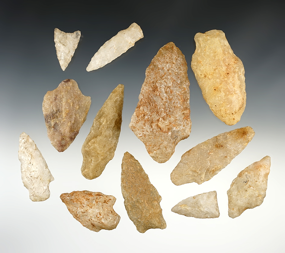 Set of 12 nice Quartz points found in the Eastern U.S. The largest is 3 9/16".