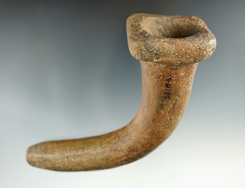4 1/2" Long x 3 3/4" tall Iroquois Clay Square Bowl Pipe with a broken and mended elbow.