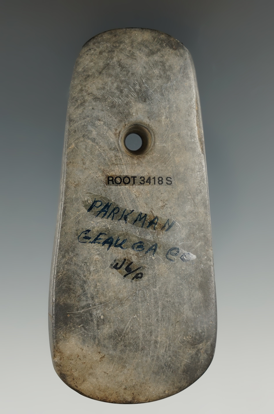 3 13/16" Hopewell Trapezoidal Pendant made from Slate, , Geauga Co., Ohio. Pictured