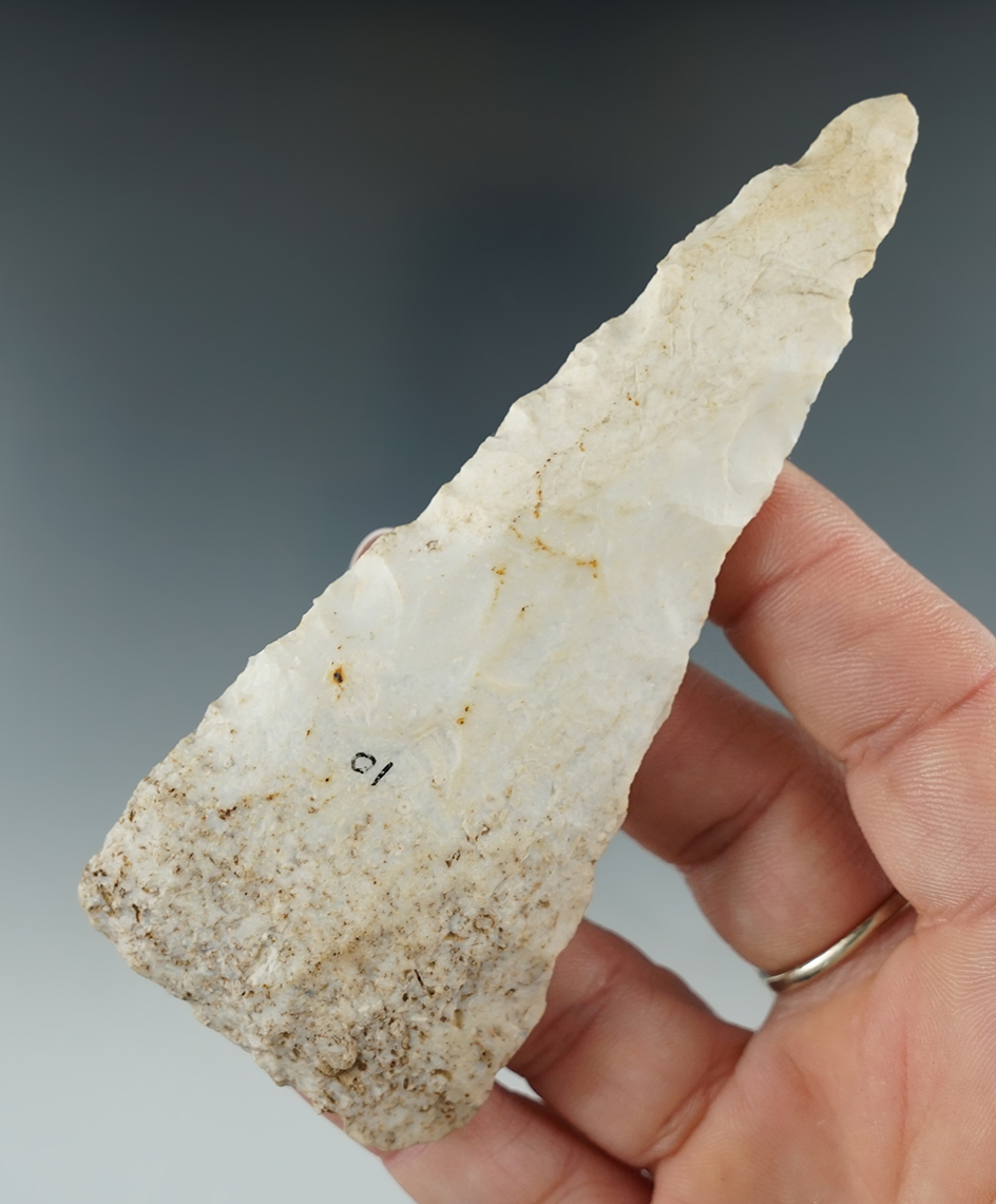 4 1/4" Triangular Knife made from Burlington Chert found in Macon Co., Illinois.