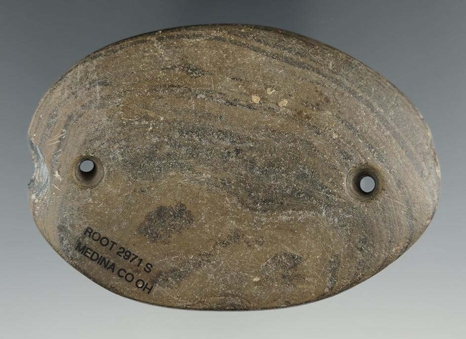 3 5/8" Glacial Kame Oval Gorget made from Mottled Slate,  Medina Co., Ohio. Ex. Macy Hallock.