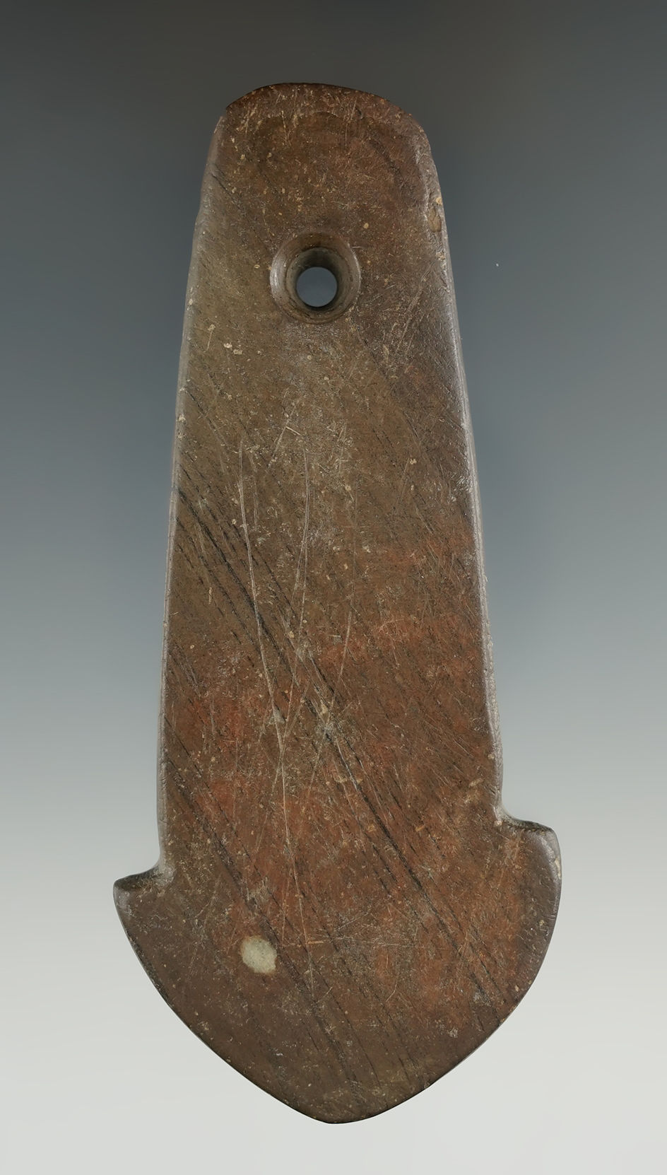 4 1/2" Adena Anchor Pendant made form green and black Slate, found in Wood Co., Ohio.