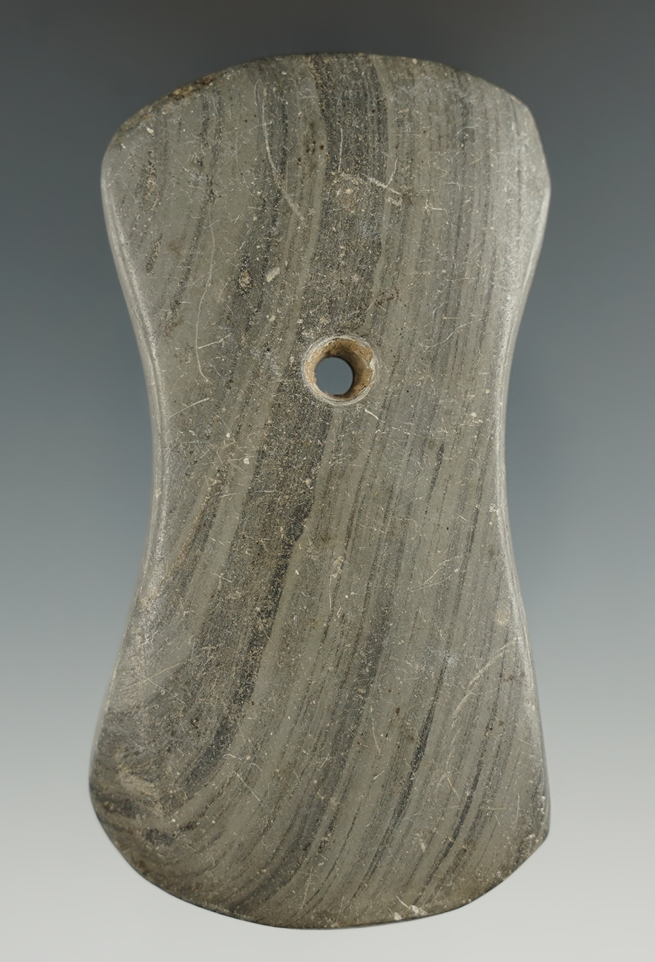 3 9/16" Adena Bi-Concave Pendant made from green and black Banded Slate, Ashland Co., Ohio.