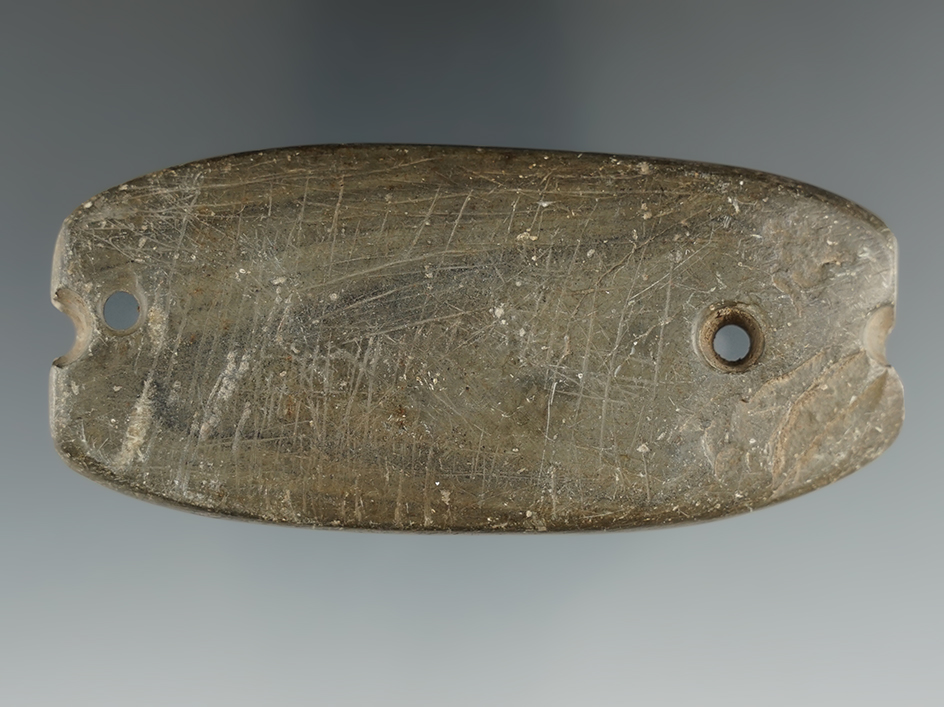 3 1/2" Unique salvaged Hopewell Gorget. One side is highly engraved. Seneca Co., Ohio.