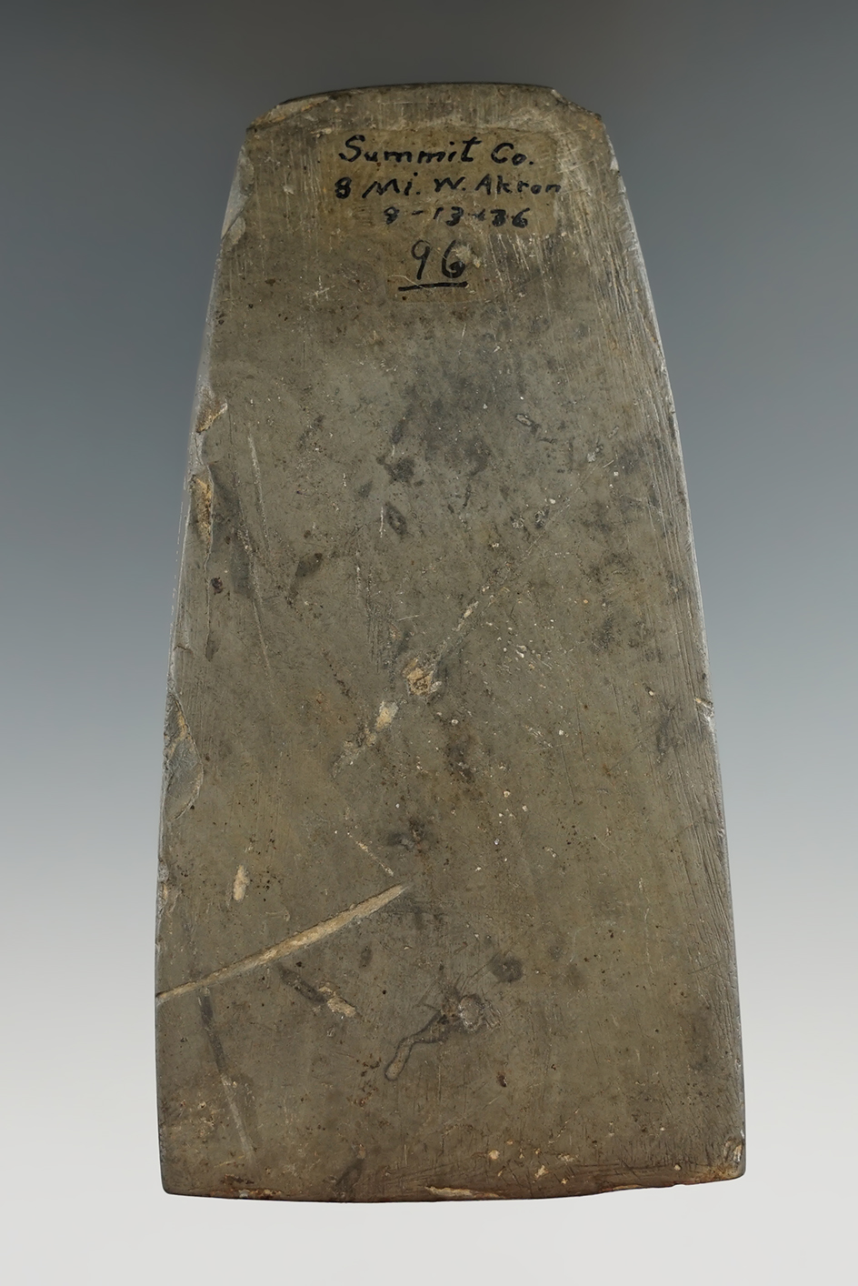 4 1/4" Heavily patinated Glacial Slate undrilled Pendant found in Summit Co., Ohio. Ex. Copeland