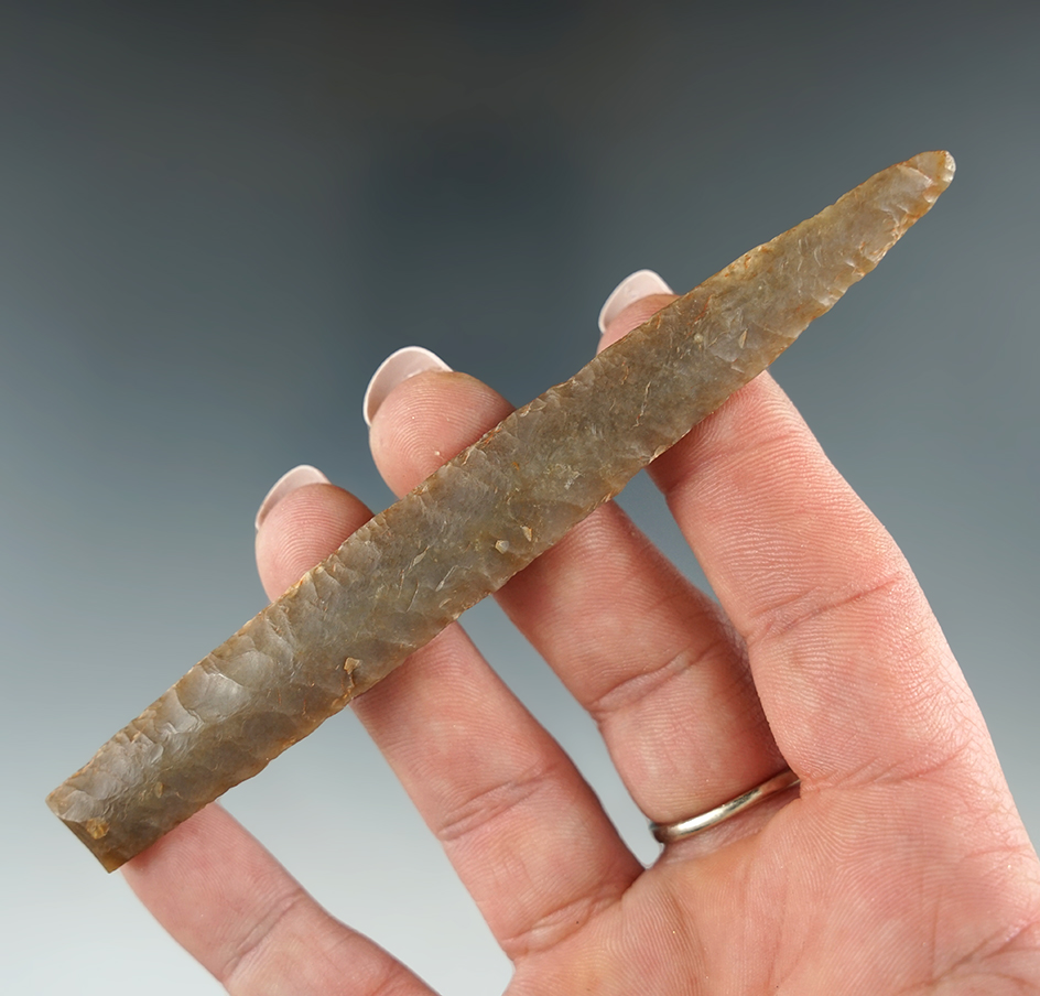 4 9/16" Exquisitely flaked Paleo Blade with a snapped base found in East Texas.  Roger COA.