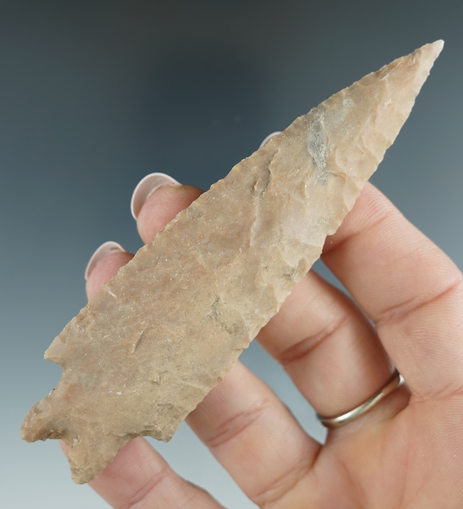 Great flaking and style on this 4 1/8" Pedernales Point found in Bandera Co., Texas. Rogers COA.