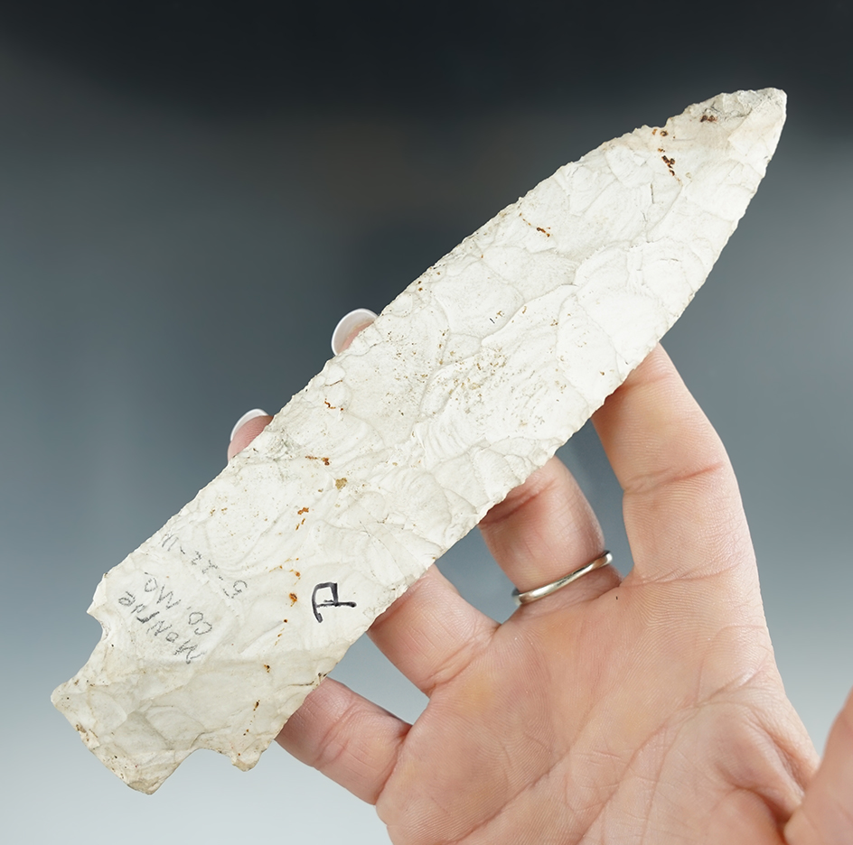 Large 6 1/2" Etley Knife - white Burlington Chert found in Monroe Co., Missouri. 2 COAs.