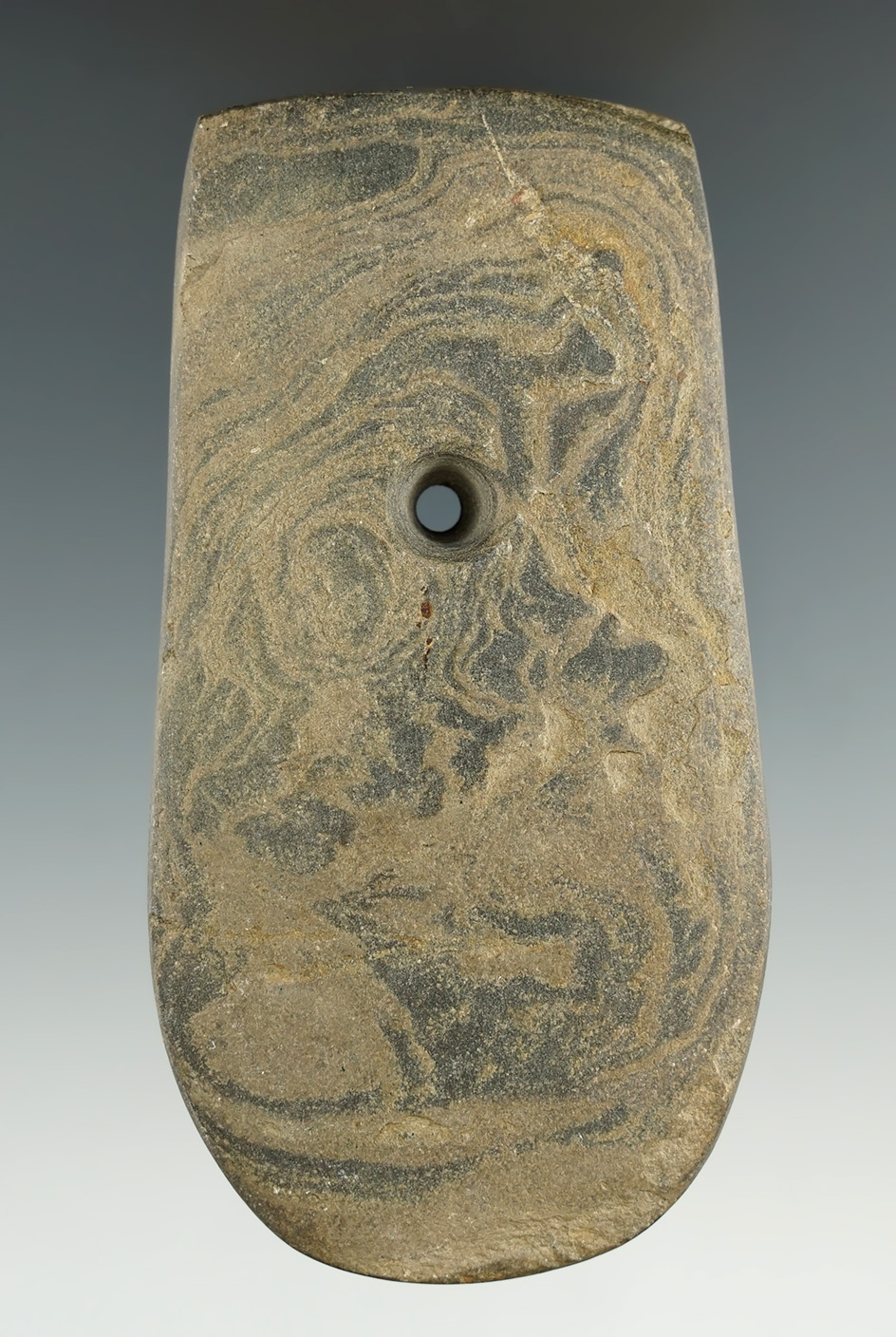3 15/16" Adena Keyhole Pendant - Mottled Slate, found by T. Brown in Delaware Co., Ohio.