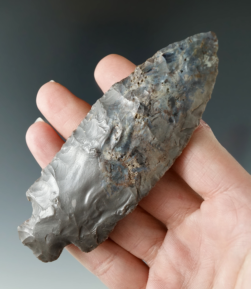 4 1/8" Heavy Duty made from Hornstone with excellent flaking found in Grant Co., Indiana.