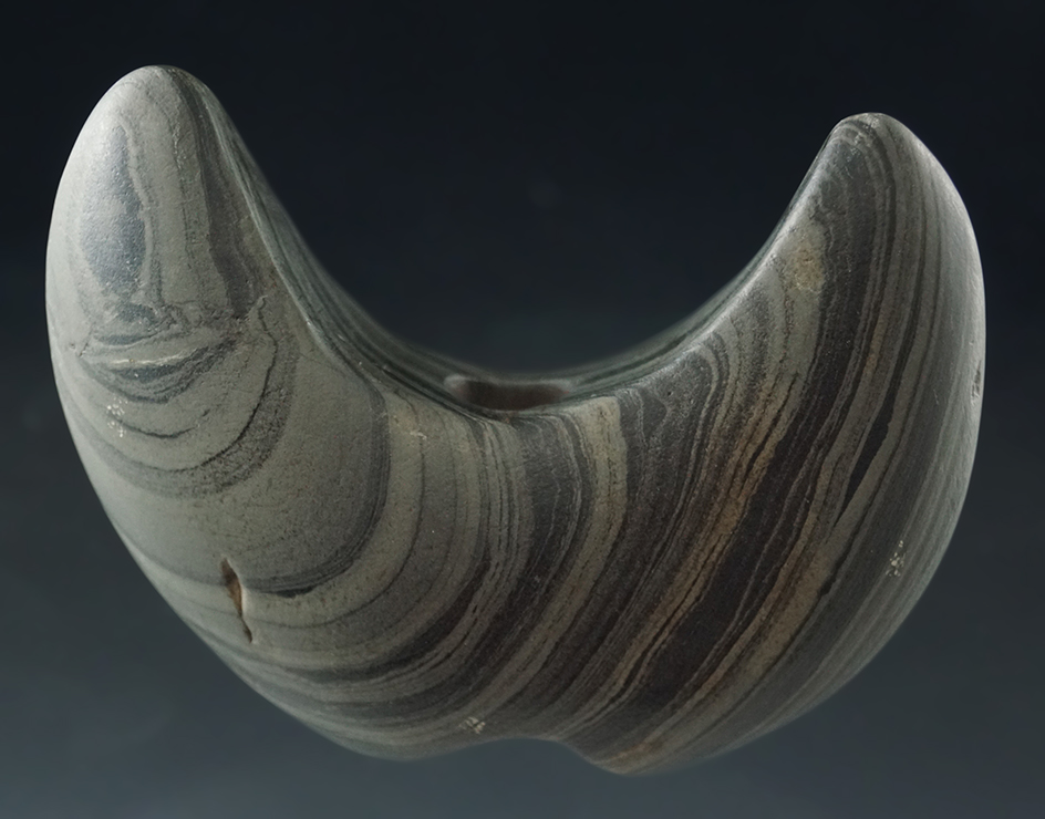 3 1/4" Wide highly banded rare Crescent Form Bannerstone found in Williams Co., Ohio. COA.