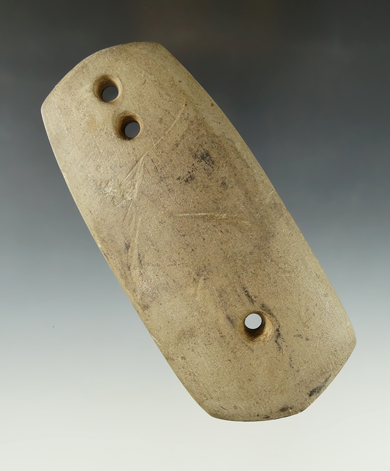 Rare style 5" Glacial Kame three hole Ovoid Gorget found in Ross Co., Ohio - well patinated.