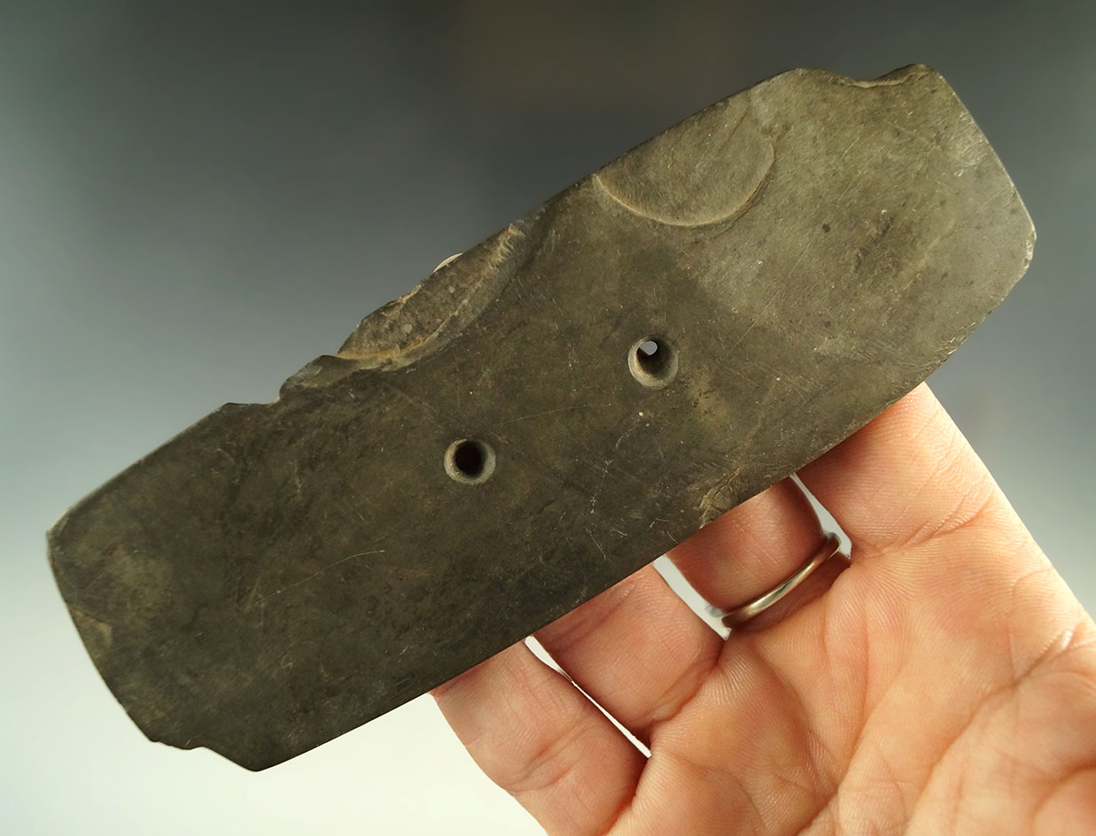 4 13/16" very thin slate gorget with some damage found in Ohio.