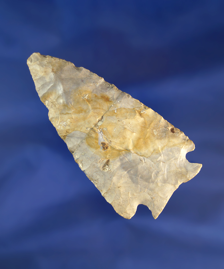3 1/4" Coshocton Flint Decatur Fractured Base that is broken and glued at the mid section - Ohio.