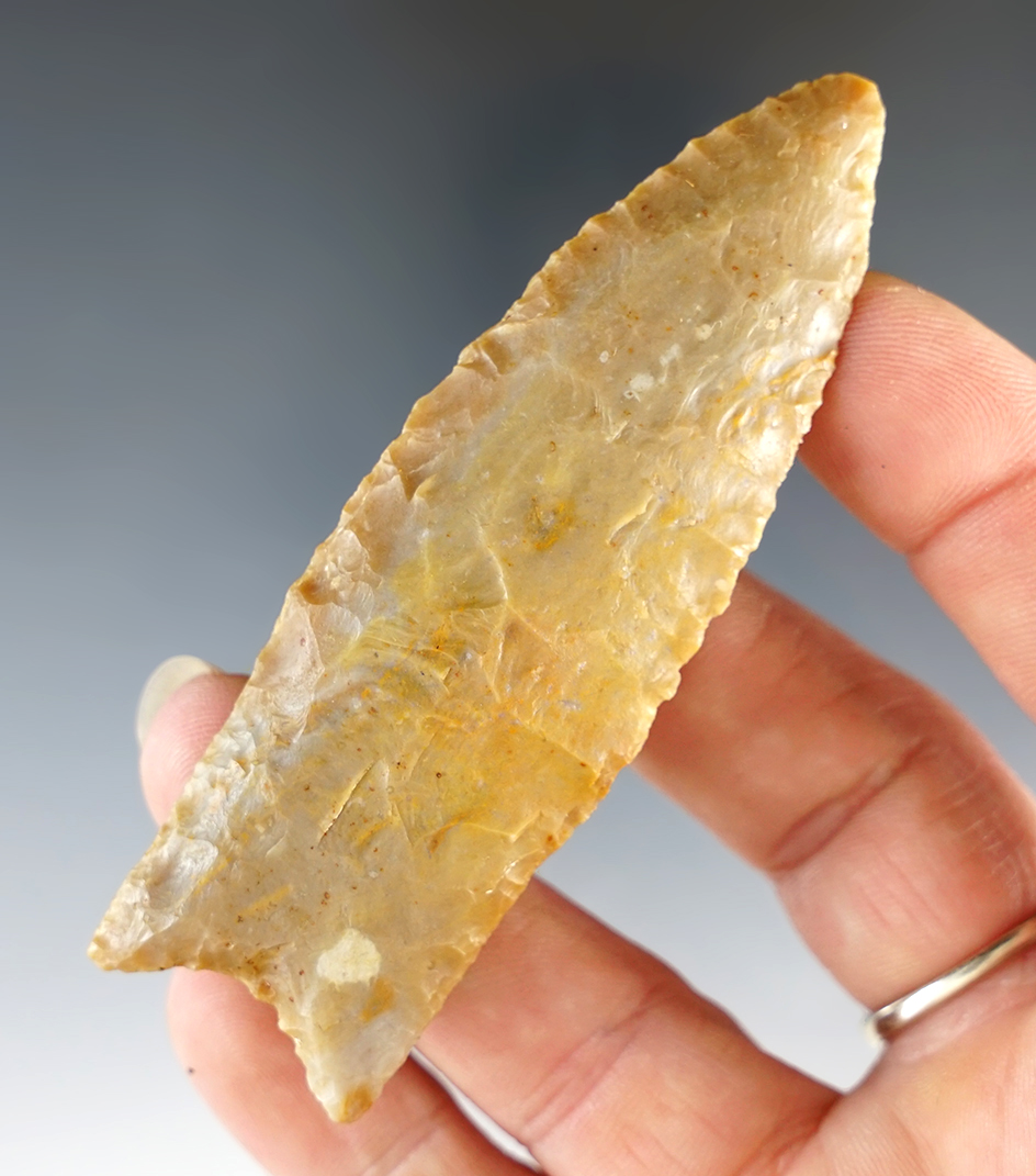 3 1/4" Clovis made from variegated Flint, from the Western U.S.  Calvin Howard COA.