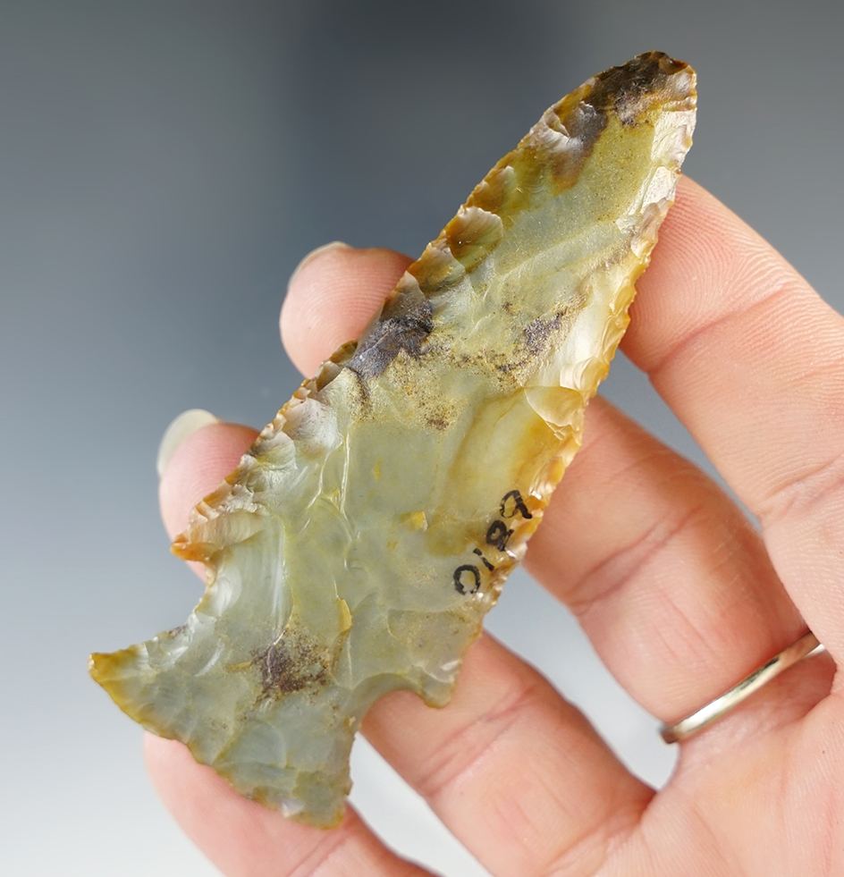 3 1/8" Flint Ridge "Green" Hopewell Point. Ex. C. Britt Collection. Found in Licking Co., Ohio.