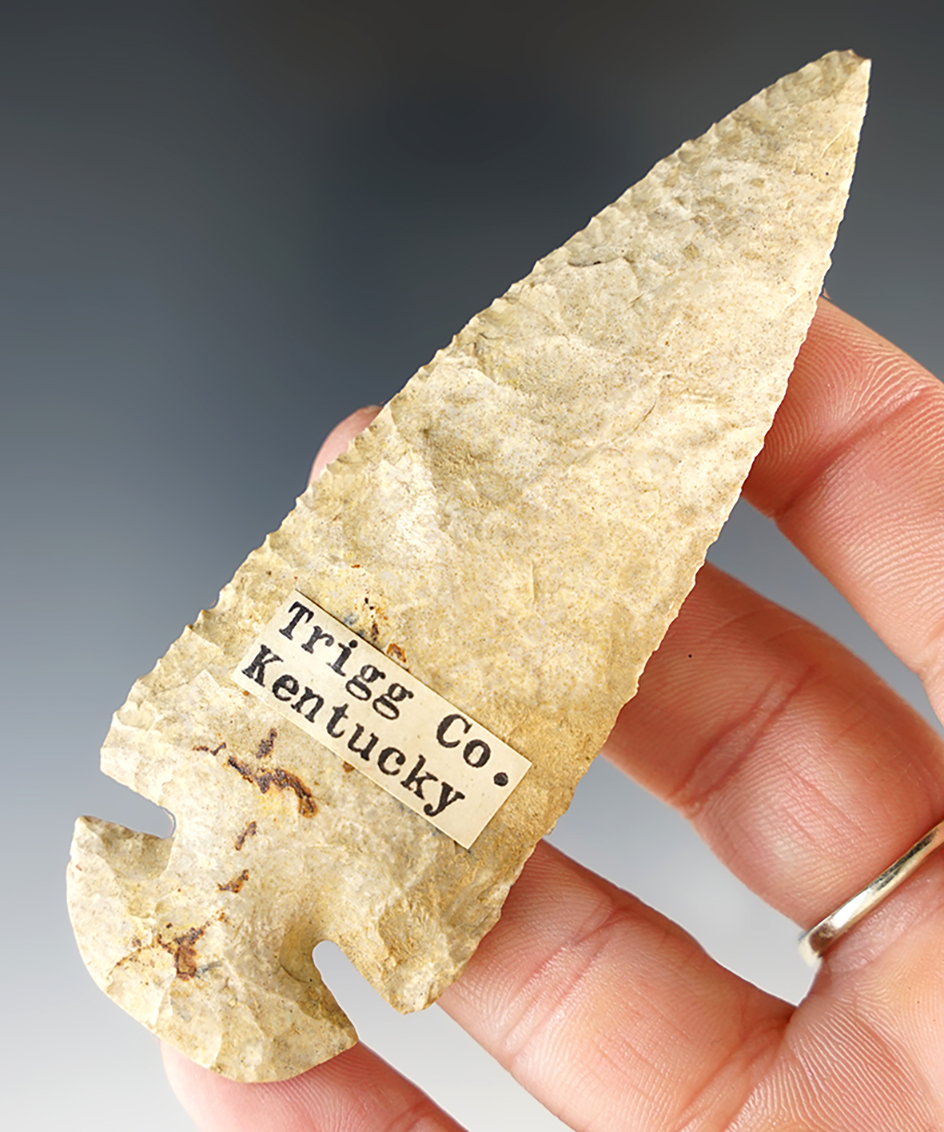 Classic style 3 3/4" Dovetail with heavy mineral deposits on surface. Trigg Co., Kentucky.