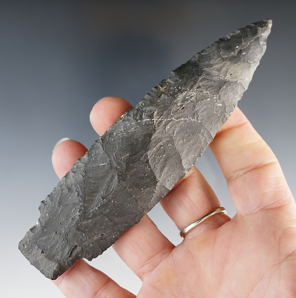 4 7/8" Stemmed Lanceolate made from Nellie Chert. Found in Franklin Co., Ohio.