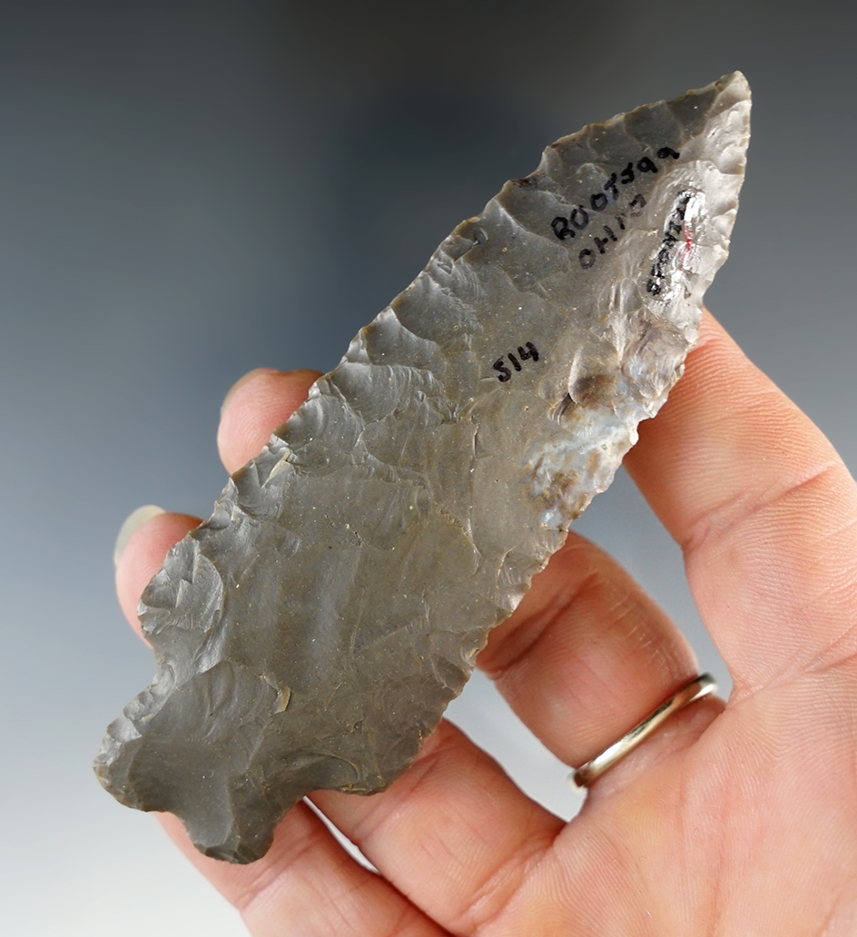 3 15/16" Archaic Heavy Duty that is nicely made from Hornstone, found in Ohio. Ex. Wilkins