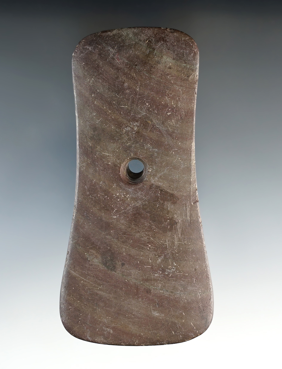 4 1/2" Adena Keyhole Pendant - red Banded Slate. Found in Columbiana Co., Ohio. Davis COA.