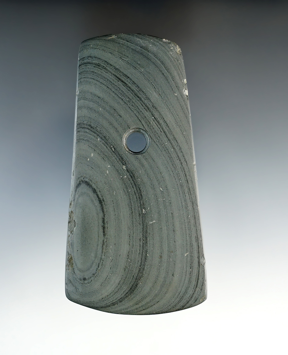 4 1/8" Adena Bell Pendant made from highly banded Glacial Slate. Found in Henry Co., Ohio.