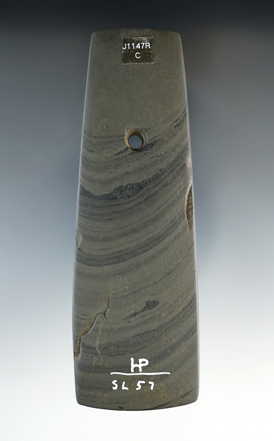 4 15/16" Adena Trapezoidal Pendant made from nicely banded Glacial Slate. Hancock Co., OH.