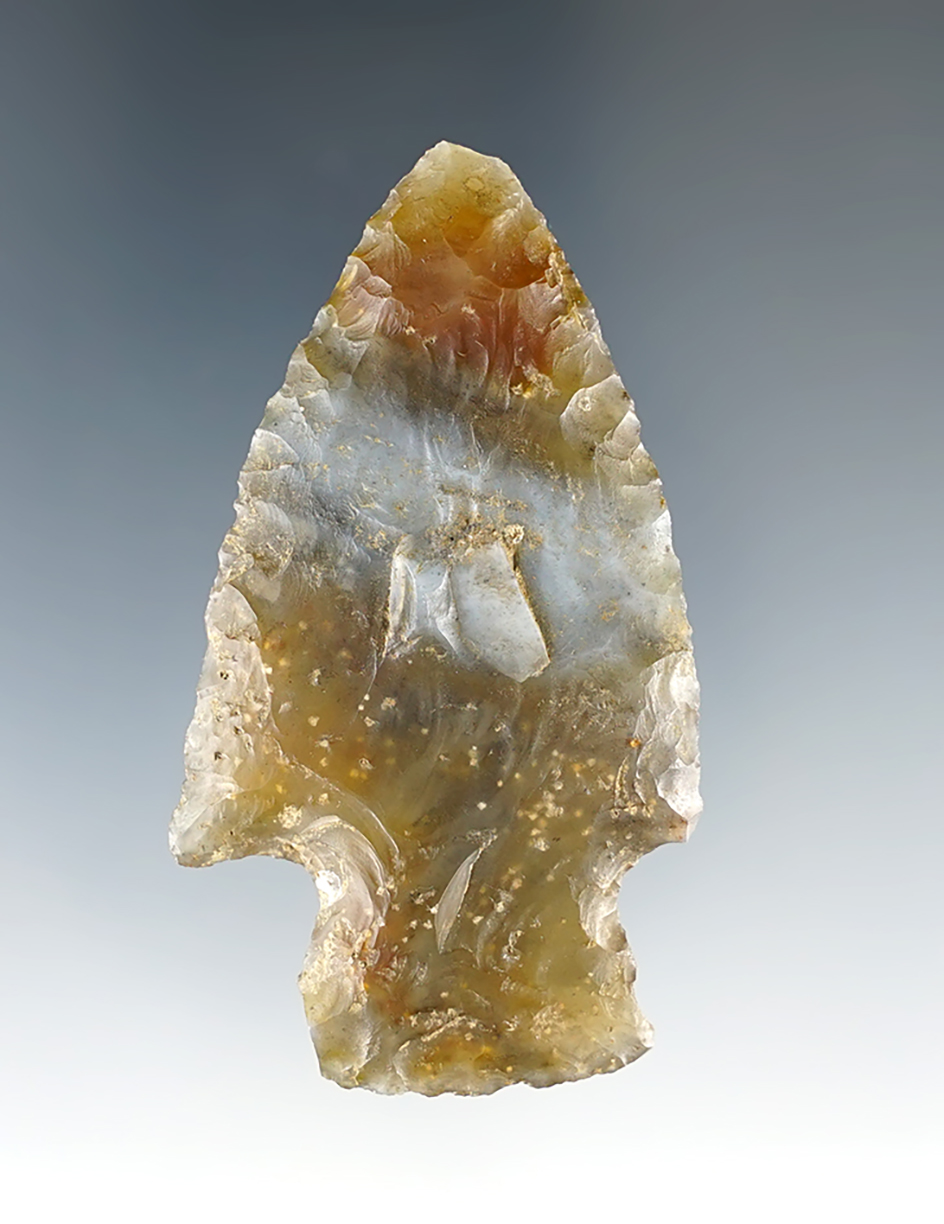 Highly translucent 2 5/16" Hopewell made from Flint Ridge Chalcedony. Medina Co., Ohio.