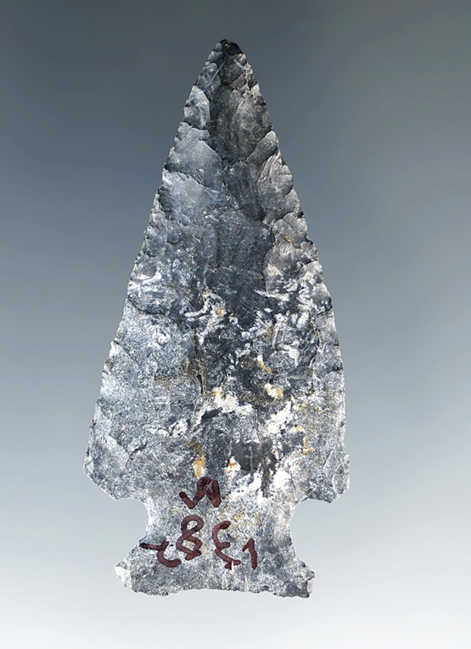 2 3/16" Coshocton Flint Intrusive Mound Point found in Ross Co., Ohio. Ex. Jon Dickinson.