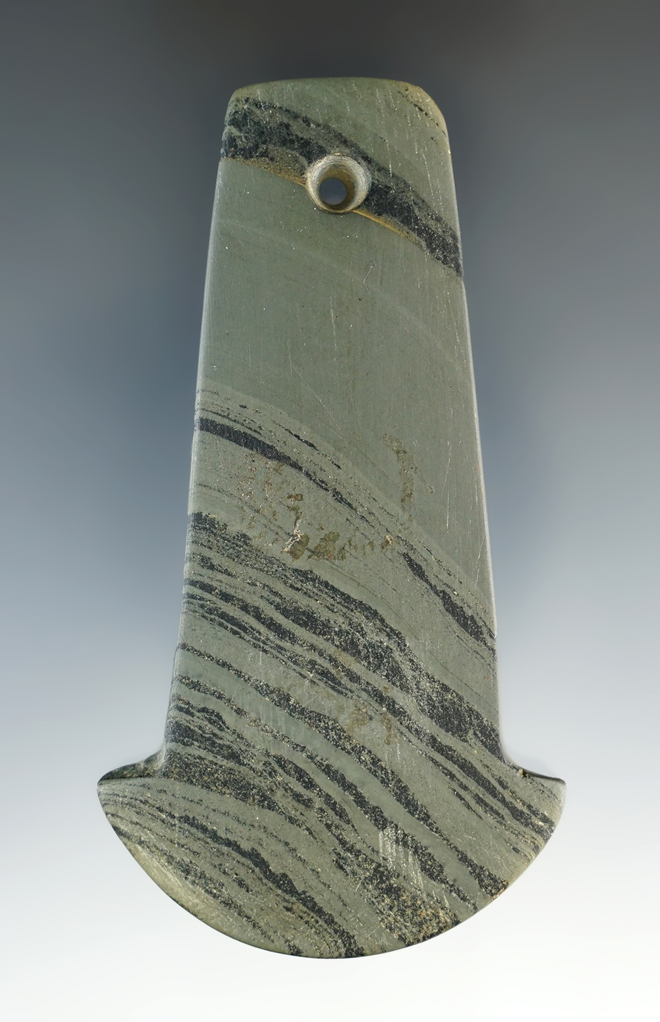 3 13/16" Adena Anchor Pendant made from Banded Slate. Found in Ross Co., Ohio. Ex. Root.