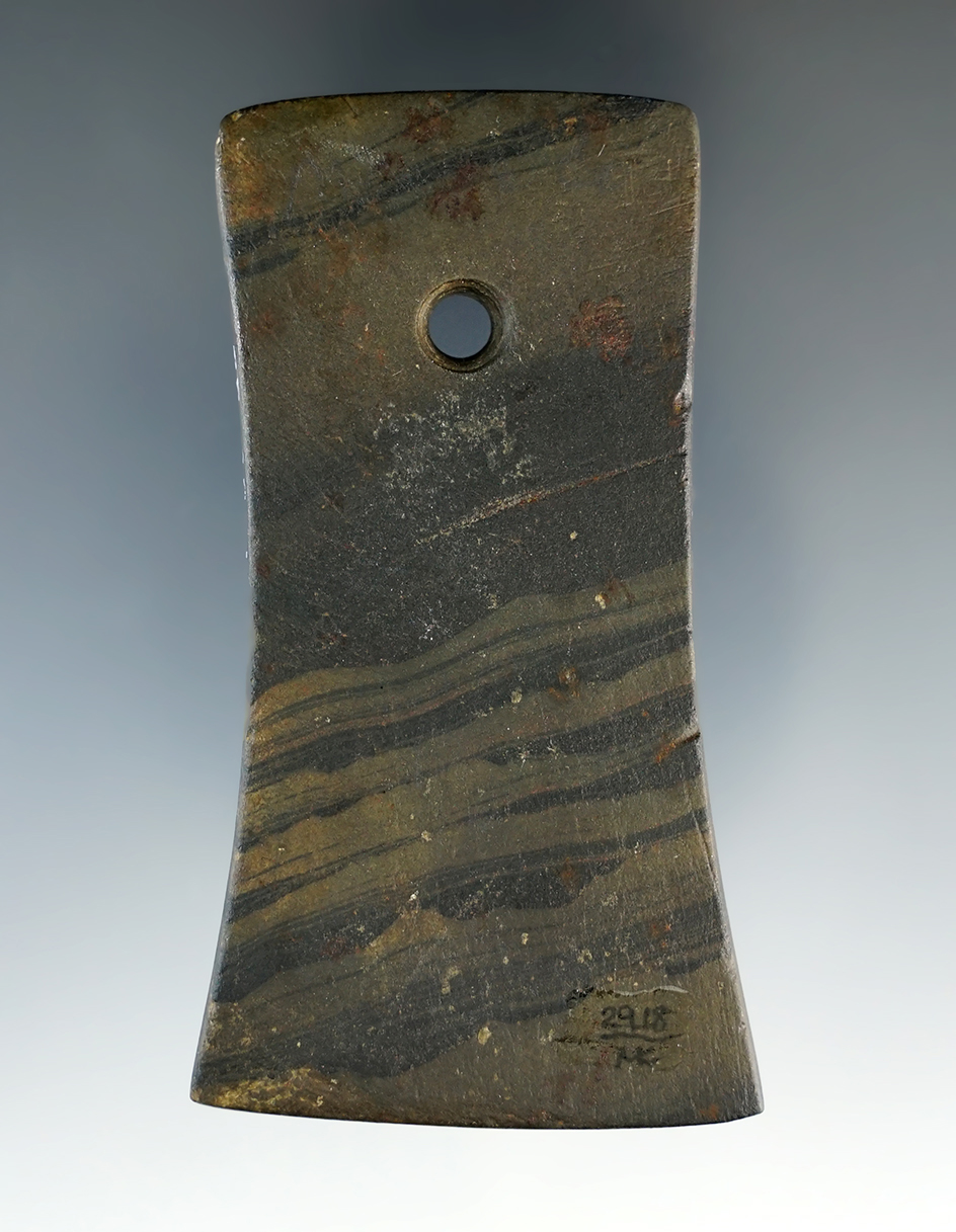 3 1/16" Adena Bi-Concave Pendant made from Banded Glacial Slate. Mercer Co.,Ohio Pictured