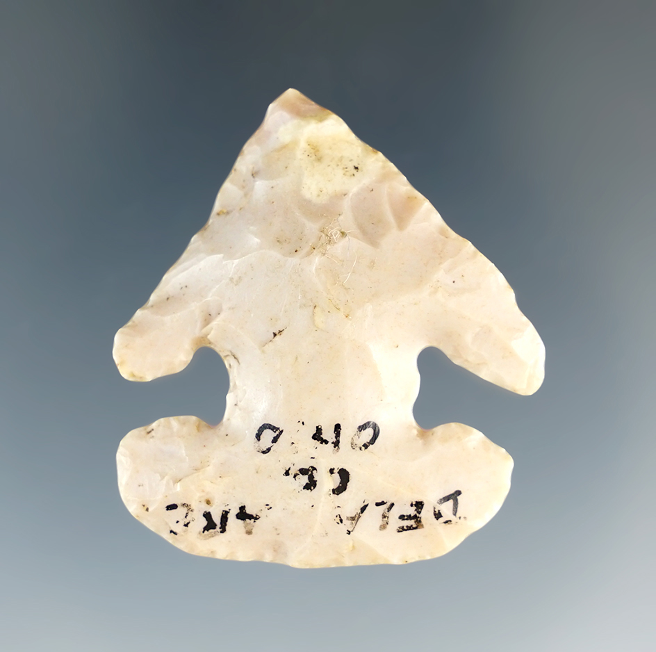 1 9/16" Archaic Thebes E-notch Bevel found in Delaware Co., Ohio, made from Flint Ridge.