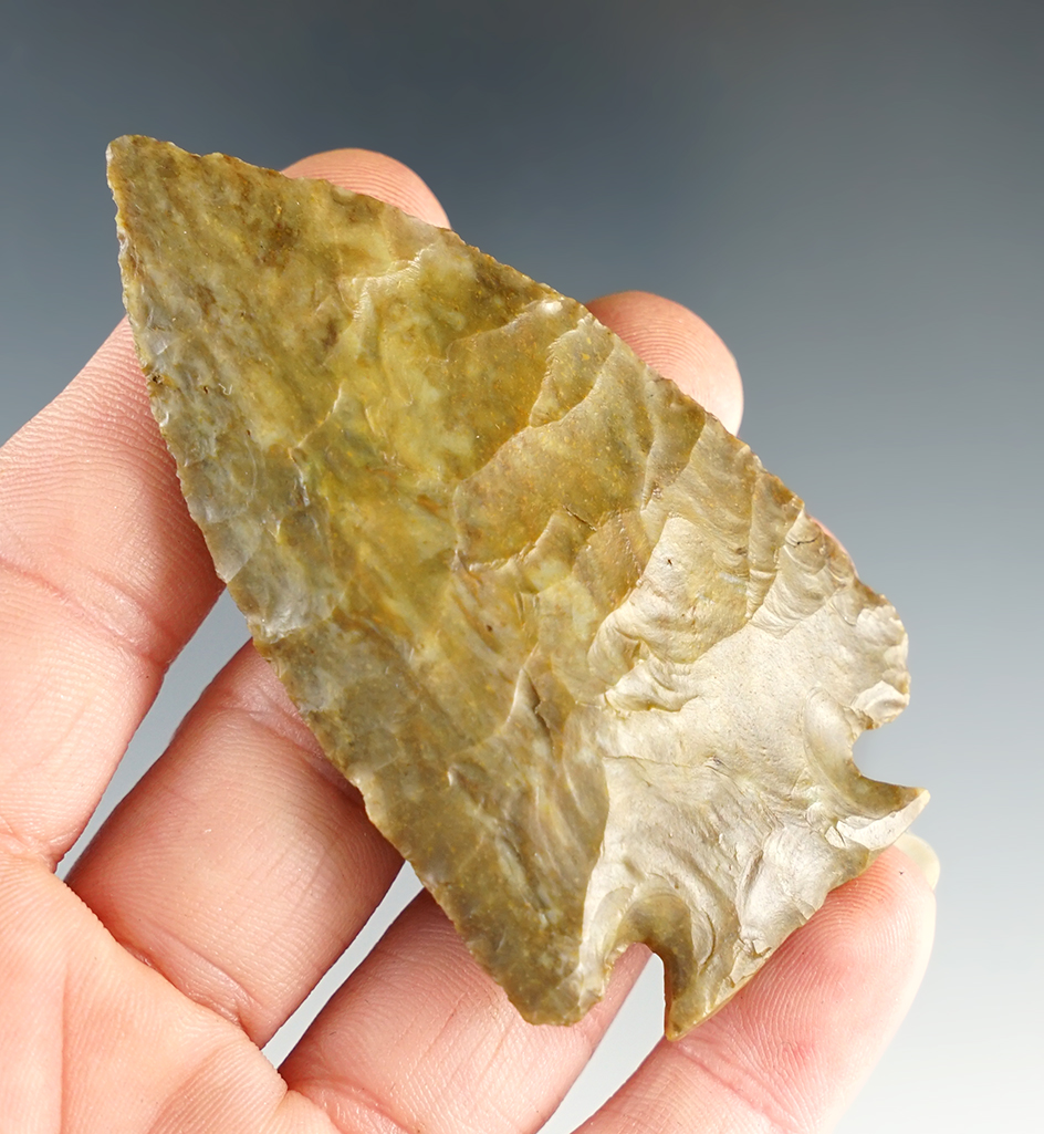 2 7/8" Classic Fractured Base Point made from rare Plum Run Flint, found in Ohio.