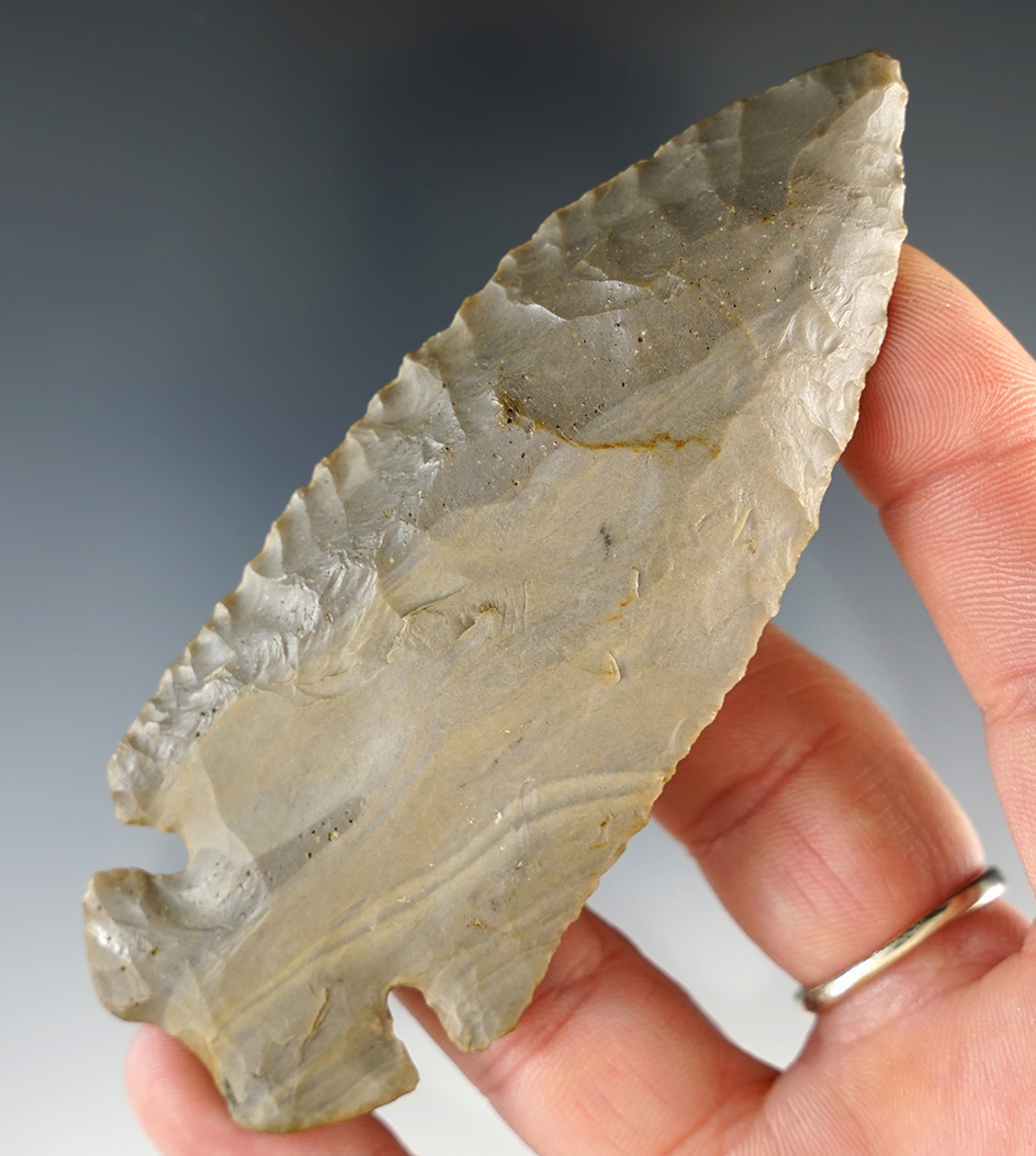 Excellent flaking & style on this 3 13/16" Heavily patinated Hornstone Dovetail - Todd Co., KY.