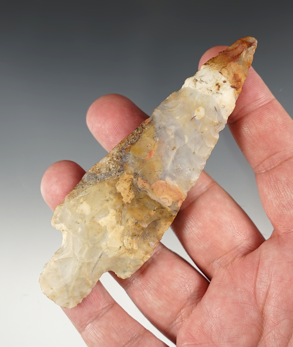 4 1/2" Adena made from multi-colored Flint Ridge Flint, found in Ohio. Some restoration