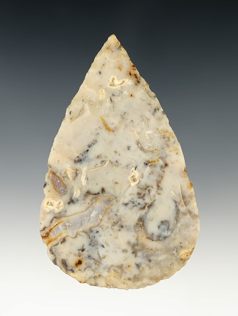 Thin and exceptionally well flaked 3 5/16" Adena Blade - Flint Ridge Flint. Franklin Co., Ohio.