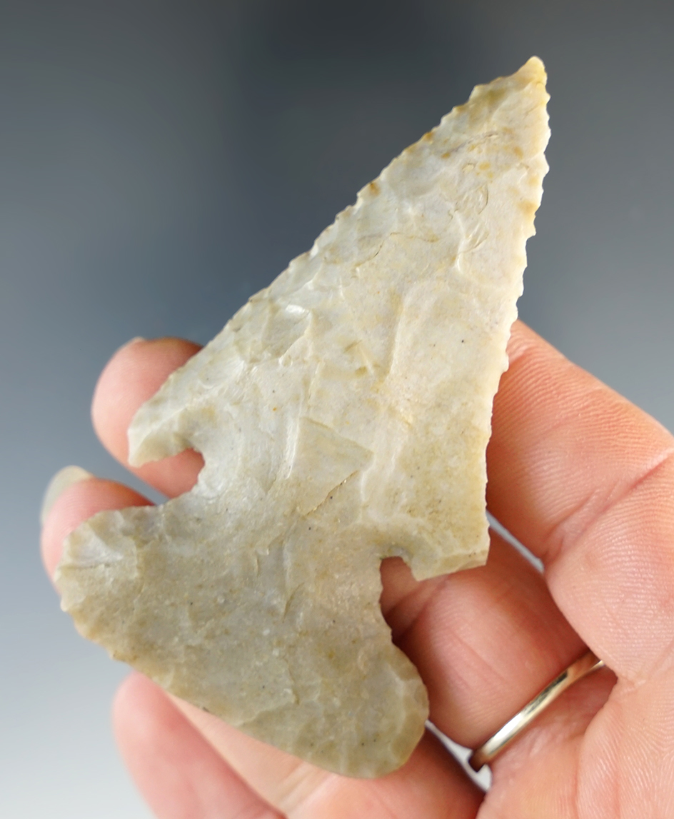 2 15/16" Archaic Thebes Bevel made from Flint Ridge Flint. Found in Delaware Co., Ohio.