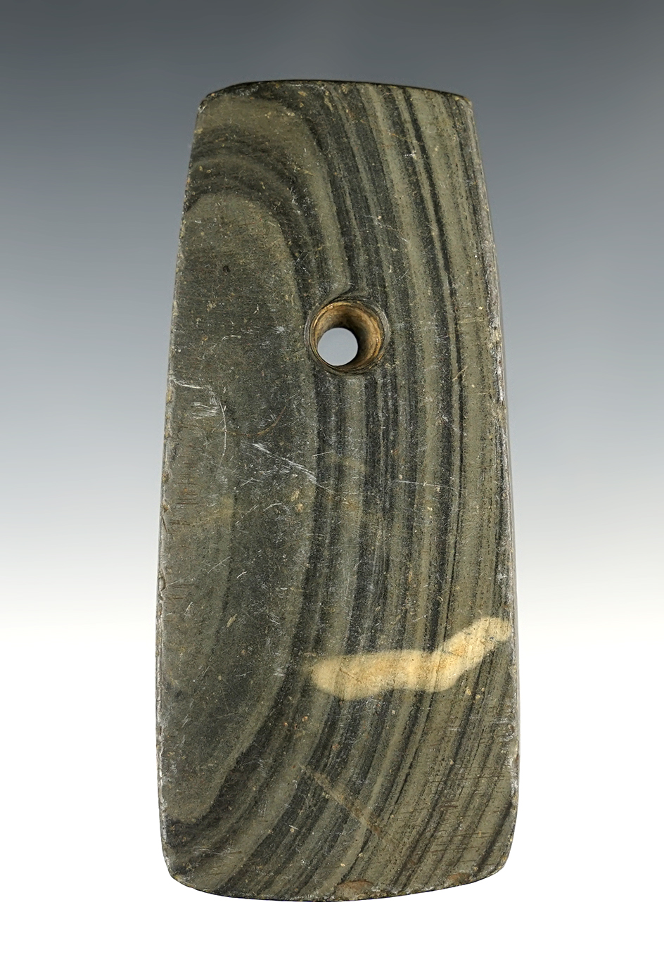 3 3/4" Adena Trapezoidal Pendant made from Banded Slate. Found in Shelby Co., Ohio.