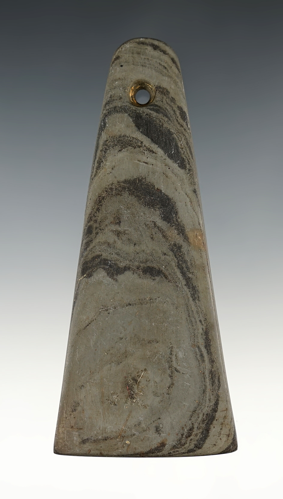 4 1/8" Adena Trapezoidal Pendant made from green and black Mottled Slate. Seneca Co., Ohio.