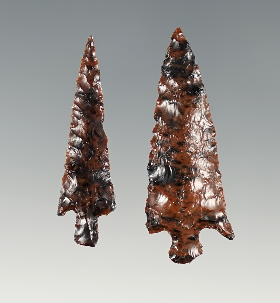 Pair of well made Rose Spring points made from collectible Mahogany Obsidian.