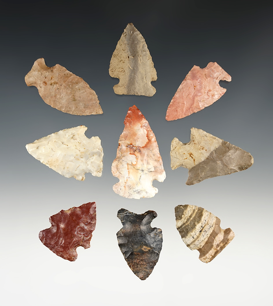 Set of 9 colorful Ohio points. Ex. Ron Sauer. The largest is 1 13/16".