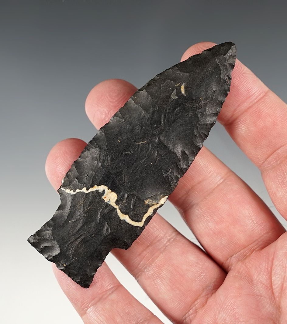 Superbly made 3 9/16" Stemmed Paleo Lanceolate found in Seneca Co., Ohio. Ex. David Root.